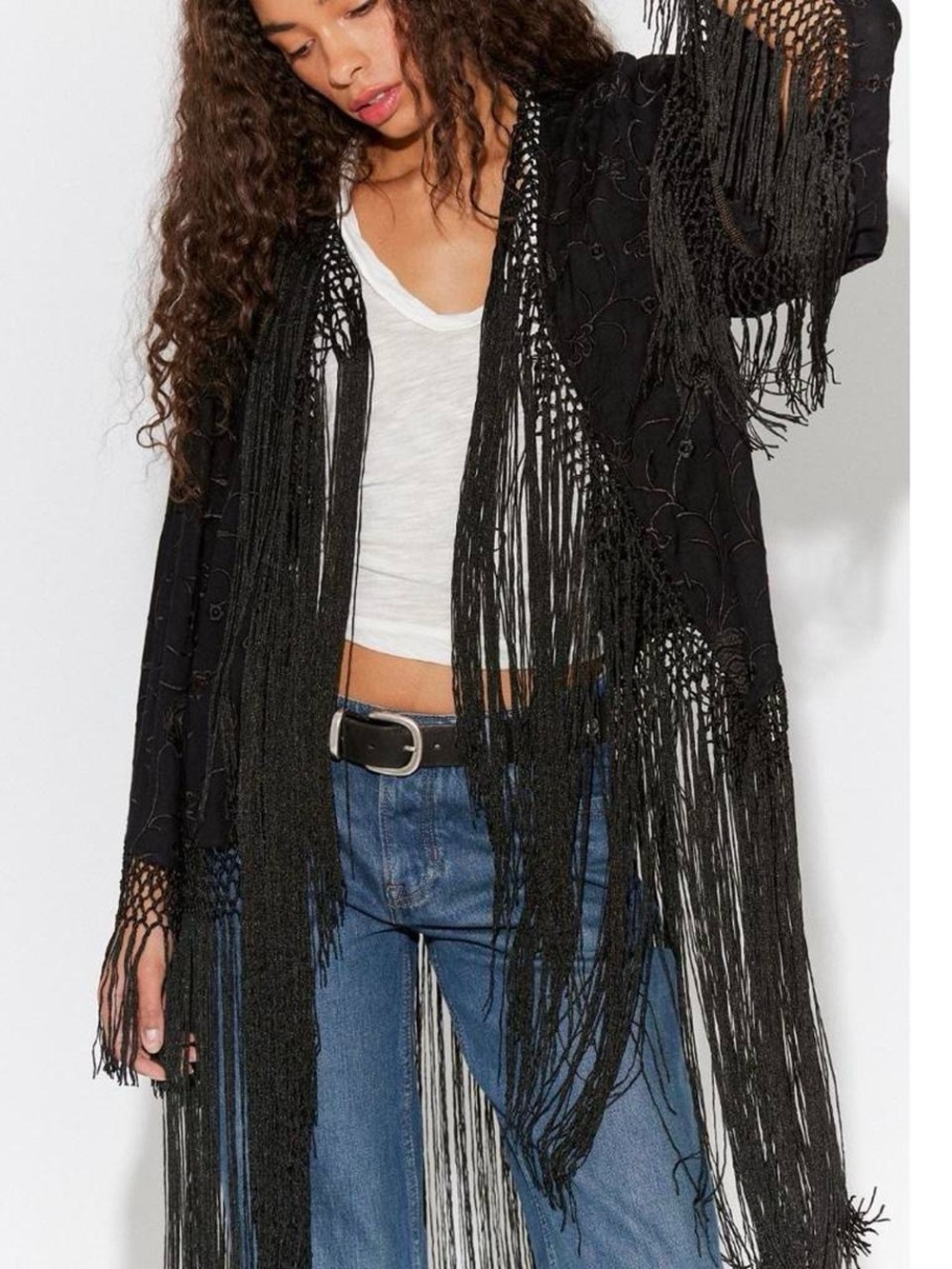 Free People Black Fringe Open-Front Kimono